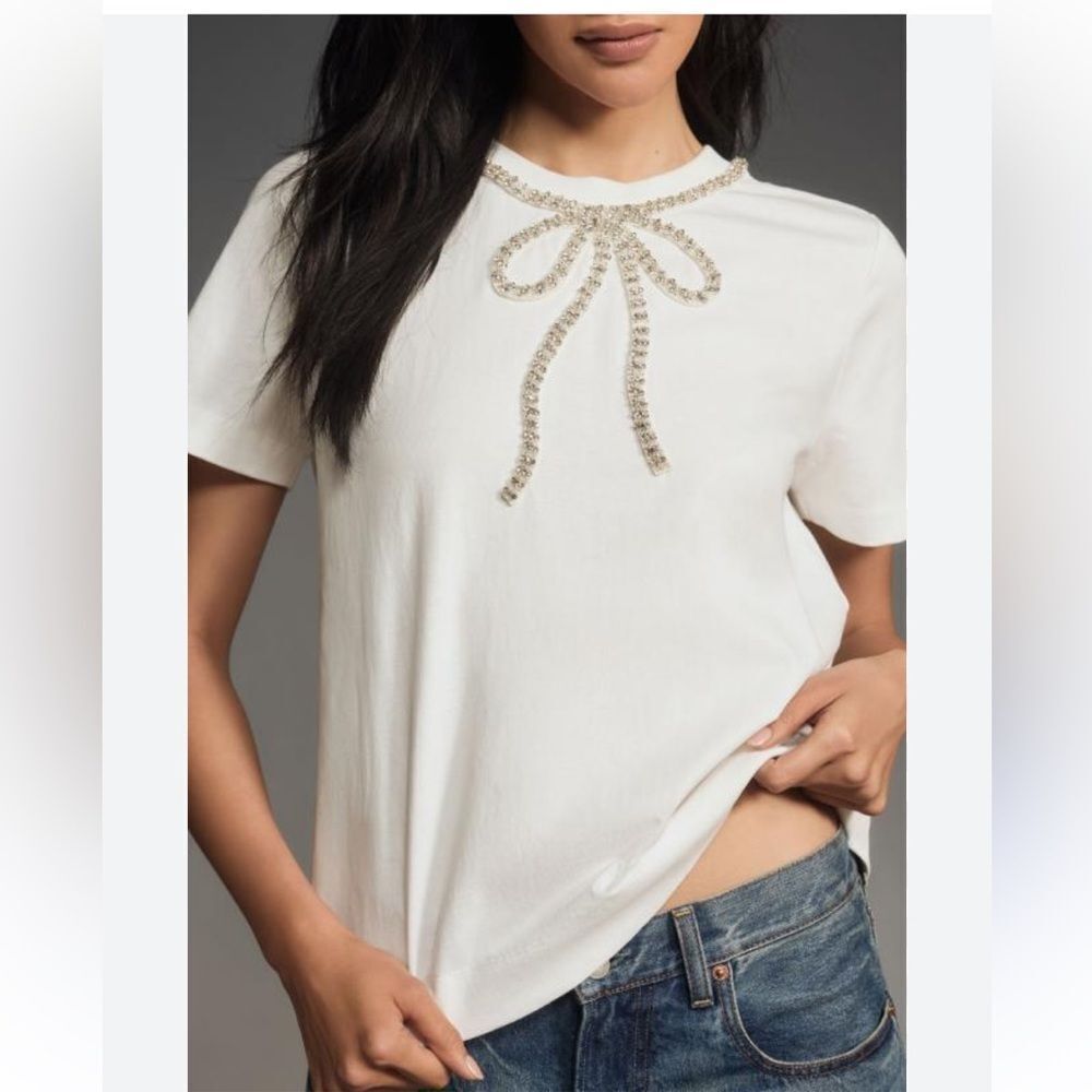 English Factory Rhinestone Bow Tee by Anthropologie